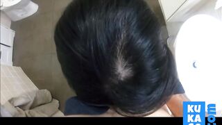 Asian Babe in Leather Mask Deepthroats Big Cock in Bathroom