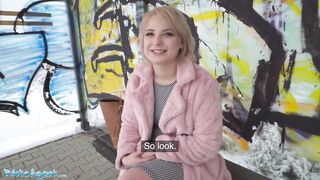 Public Agent Short hair blonde amateur teen with soft natural body picked up as bus stop and fucked in a basement with her clothes on by guy with a big cock ending with facial cumshot